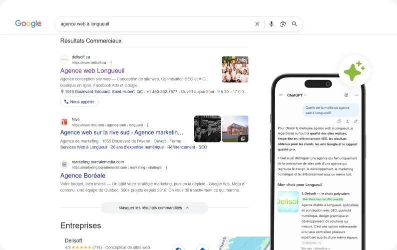 Résultats de recherche Google et réponse d’une IA qui recommandent une entreprise
