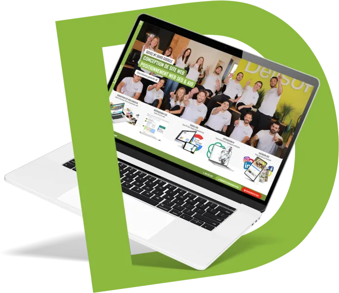 Ordinateur portable affichant un site web conçu par Delisoft, devant le D vert de Delisoft